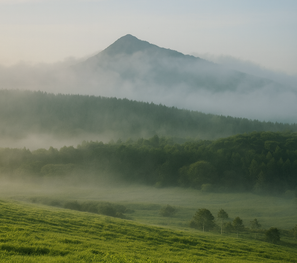 霧が晴れ、山のふもとが見えてきた風景