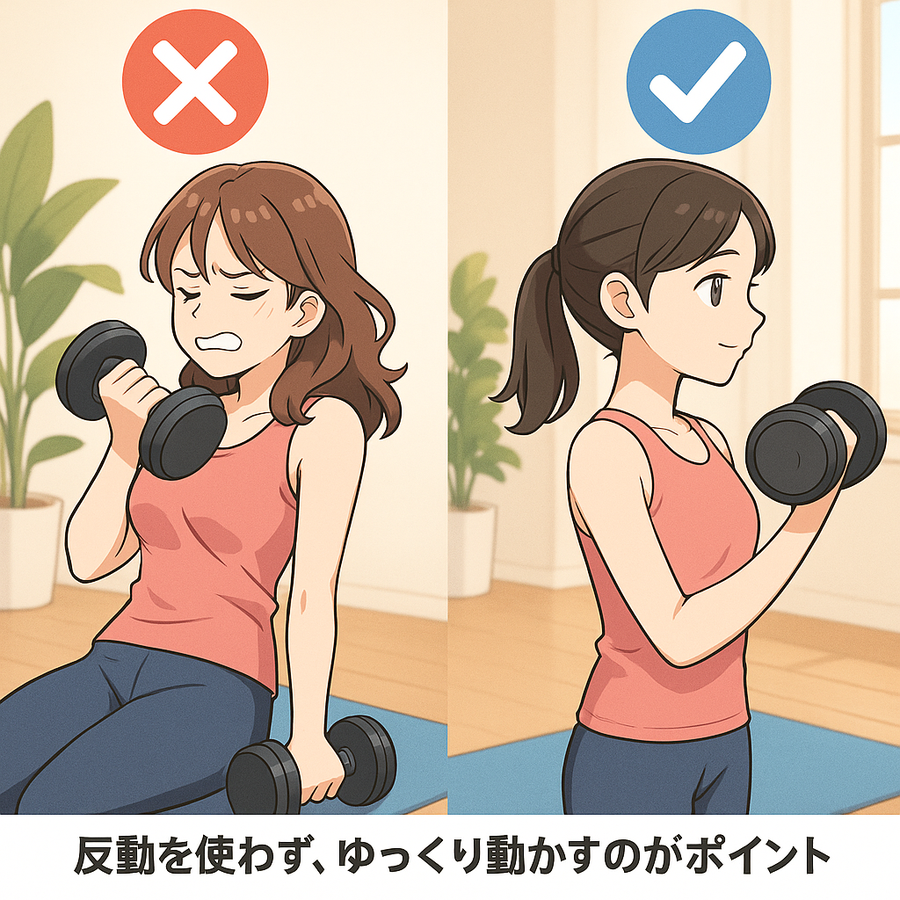 ダンベルカールの正しいフォームと間違ったフォームの比較（アニメ調）